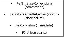 Text Box: 	F Sinttica-Convencional (adolescncia)

	F Individuativa-Reflectiva (incio da idade adulta)

	F Conjuntiva (meia-idade)

	F Universalizante
